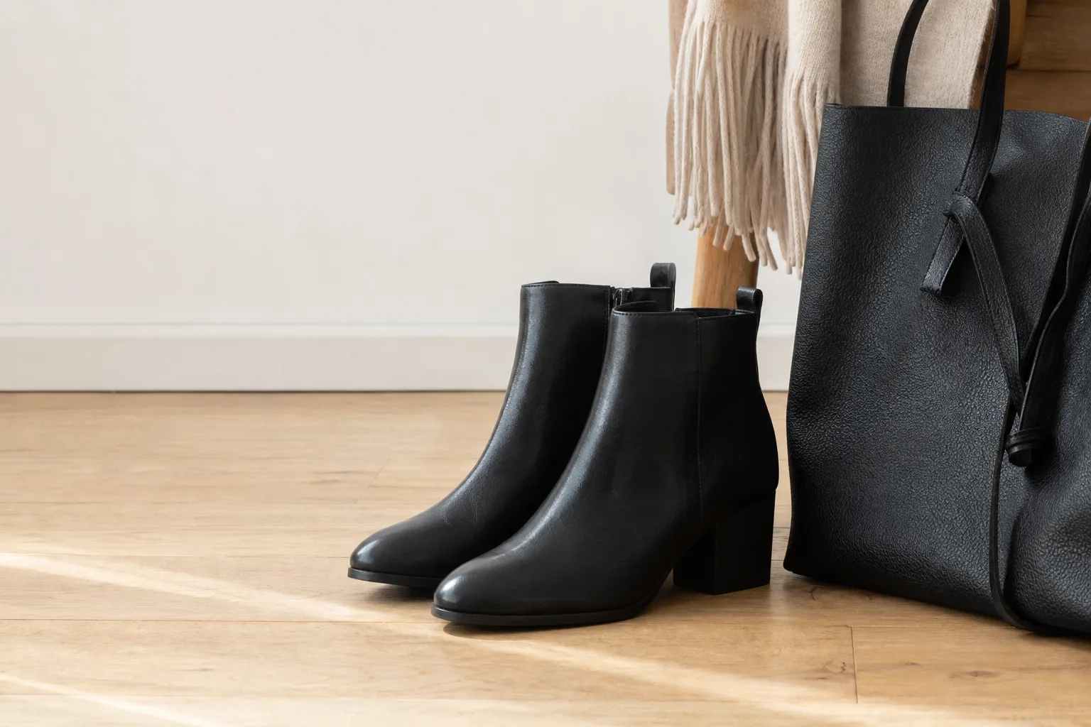 Ankelhöga damboots i läder med blockklack mot ljus bakgrund