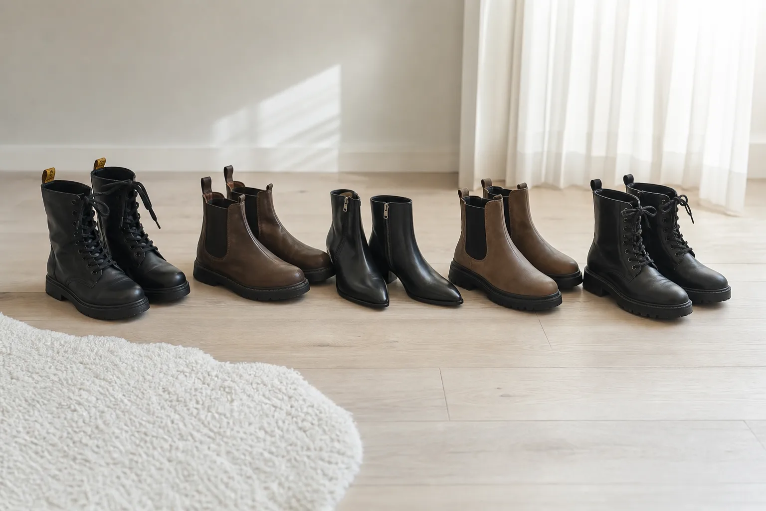 Flera par damkängor uppradade – ankelboots, chelsea och en stövlett med låg klack