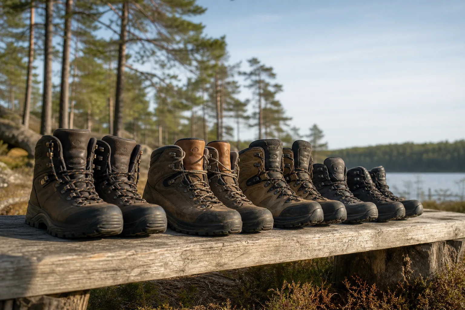 Vandringskängor i läder på en stenig fjällstig med grovmönstrad sula