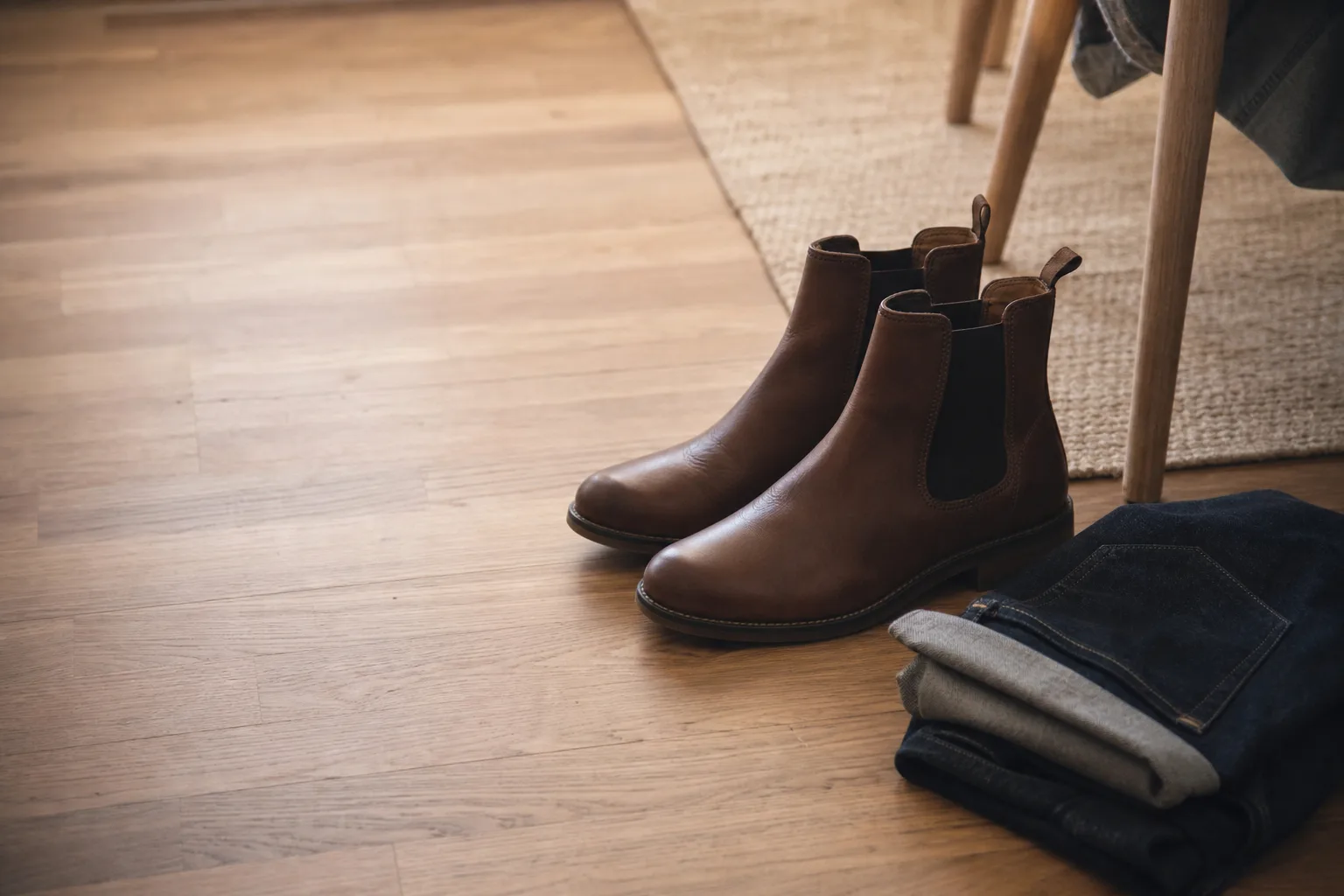 Ett par bruna chelsea boots i läder med synlig resår på sidan och draglapp bak