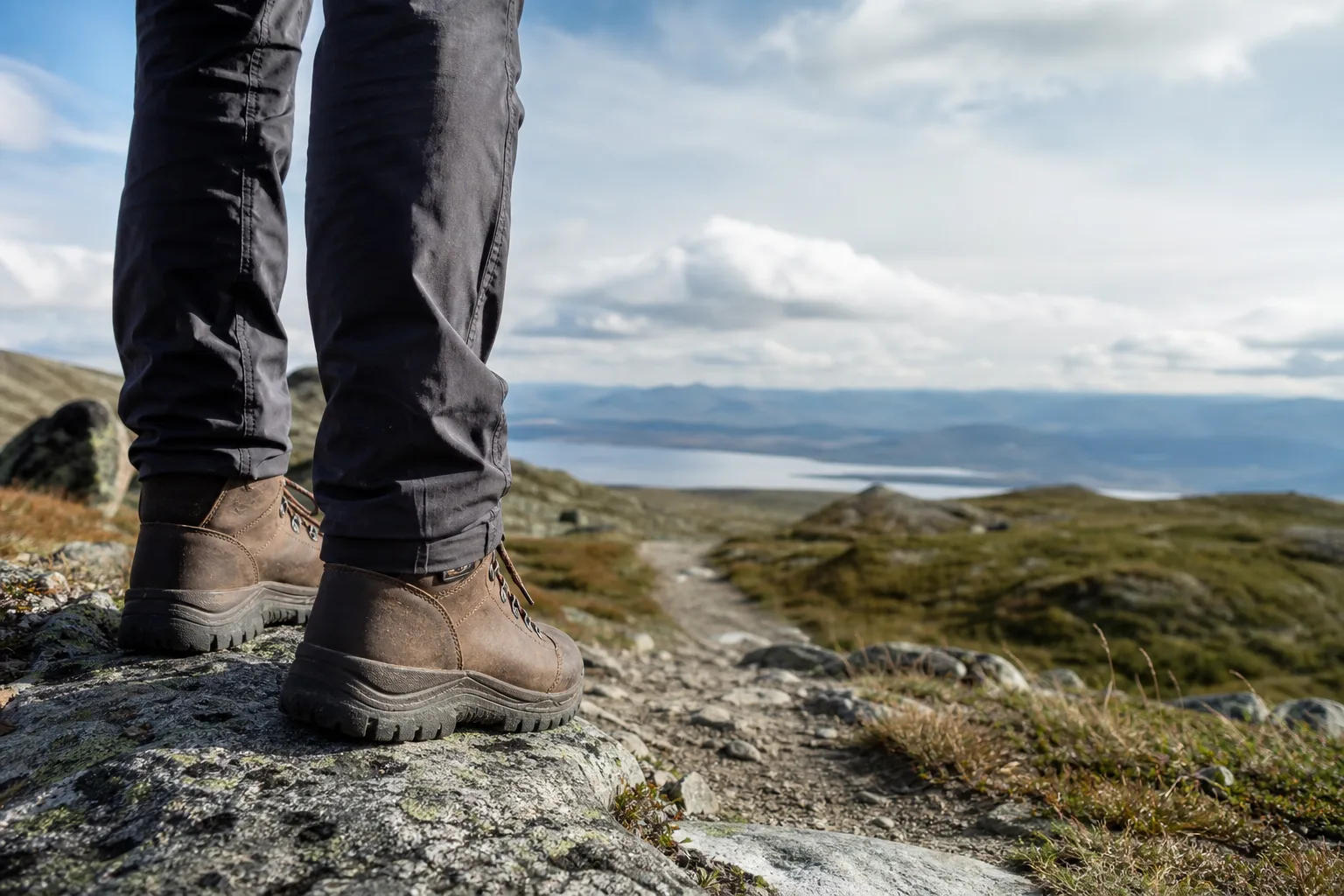 Haglöfs vandringskängor med membran på en klippa i fjällterräng