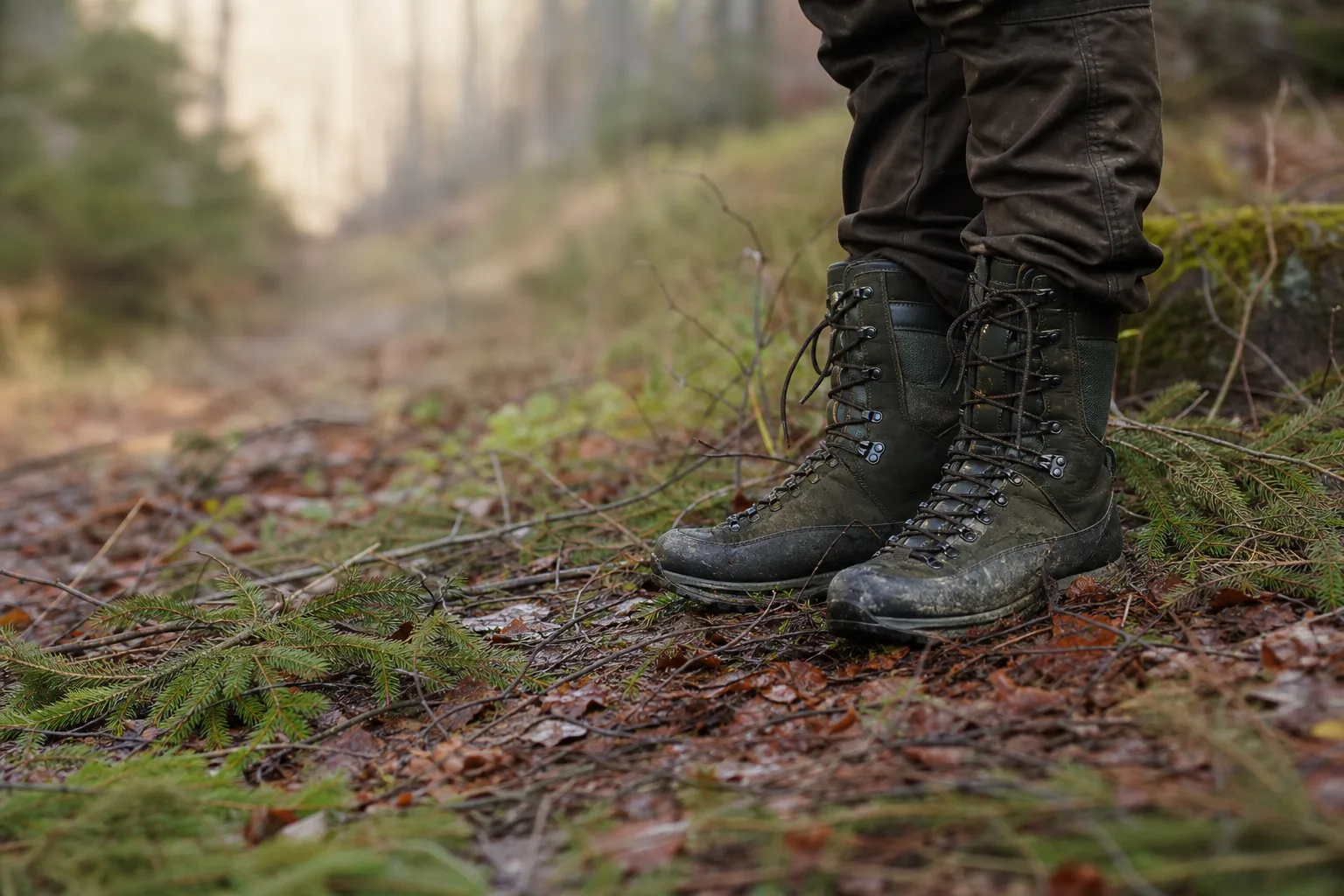 Höga jaktkängor i läder med Gore-Tex och Vibramsula på mossig skogsmark