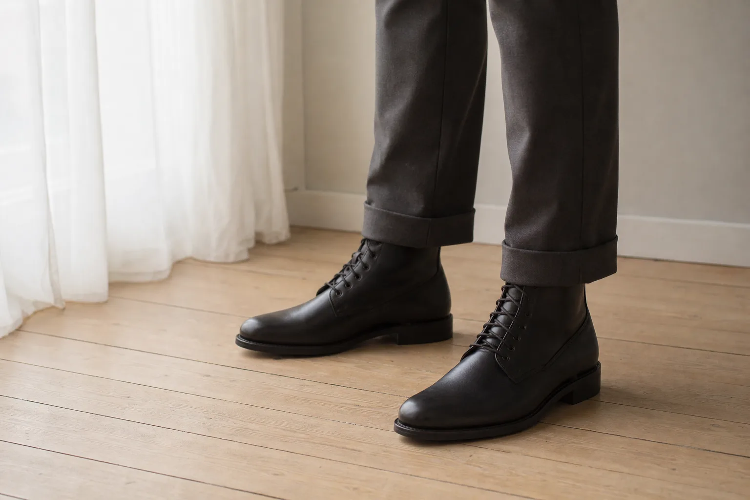 Man i mörk kostym med svarta chelsea boots, byxbenet faller mjukt över skaftet