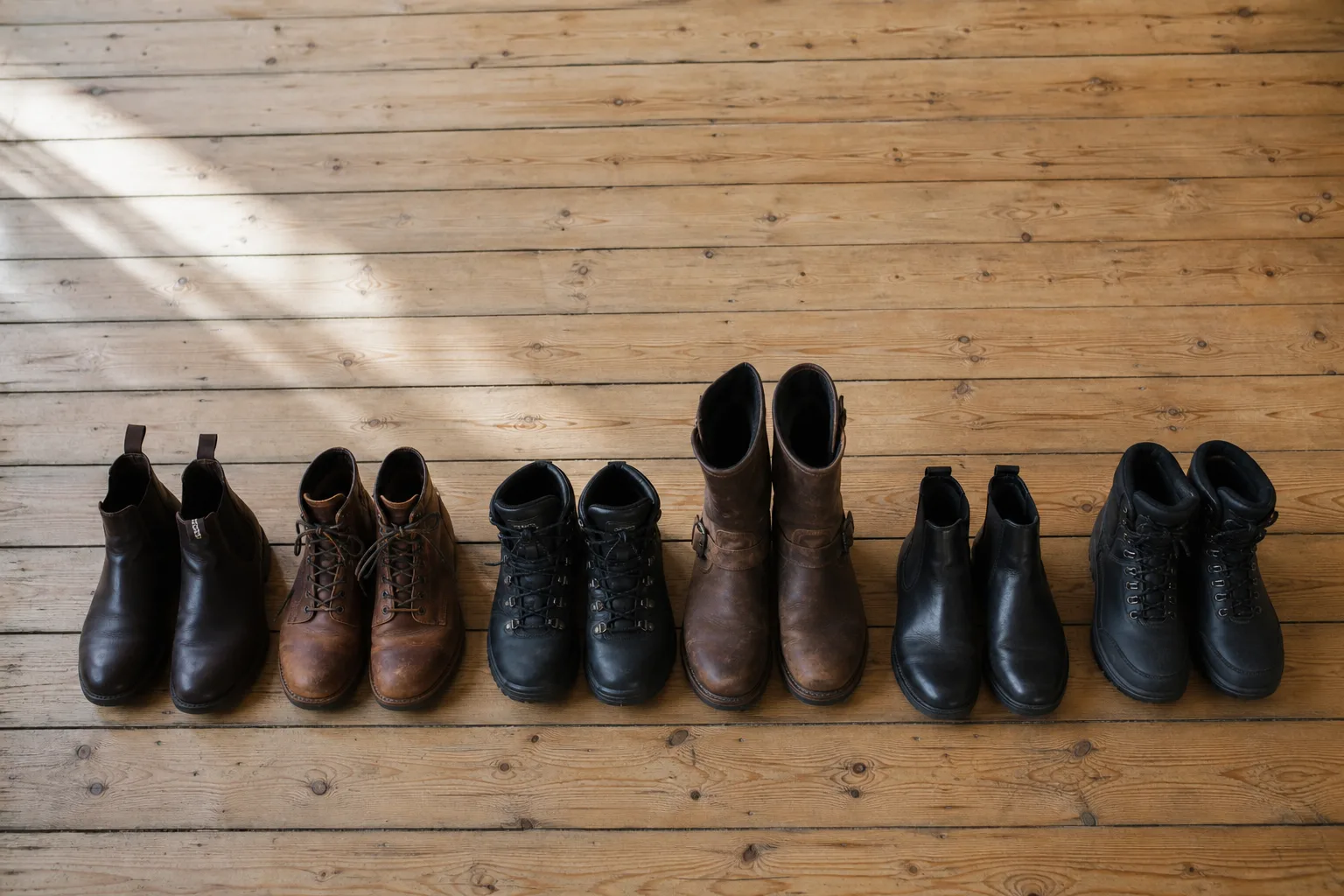 Flera olika kängtyper uppradade på en träbänk – vandringskänga, chelsea boot och vinterkänga