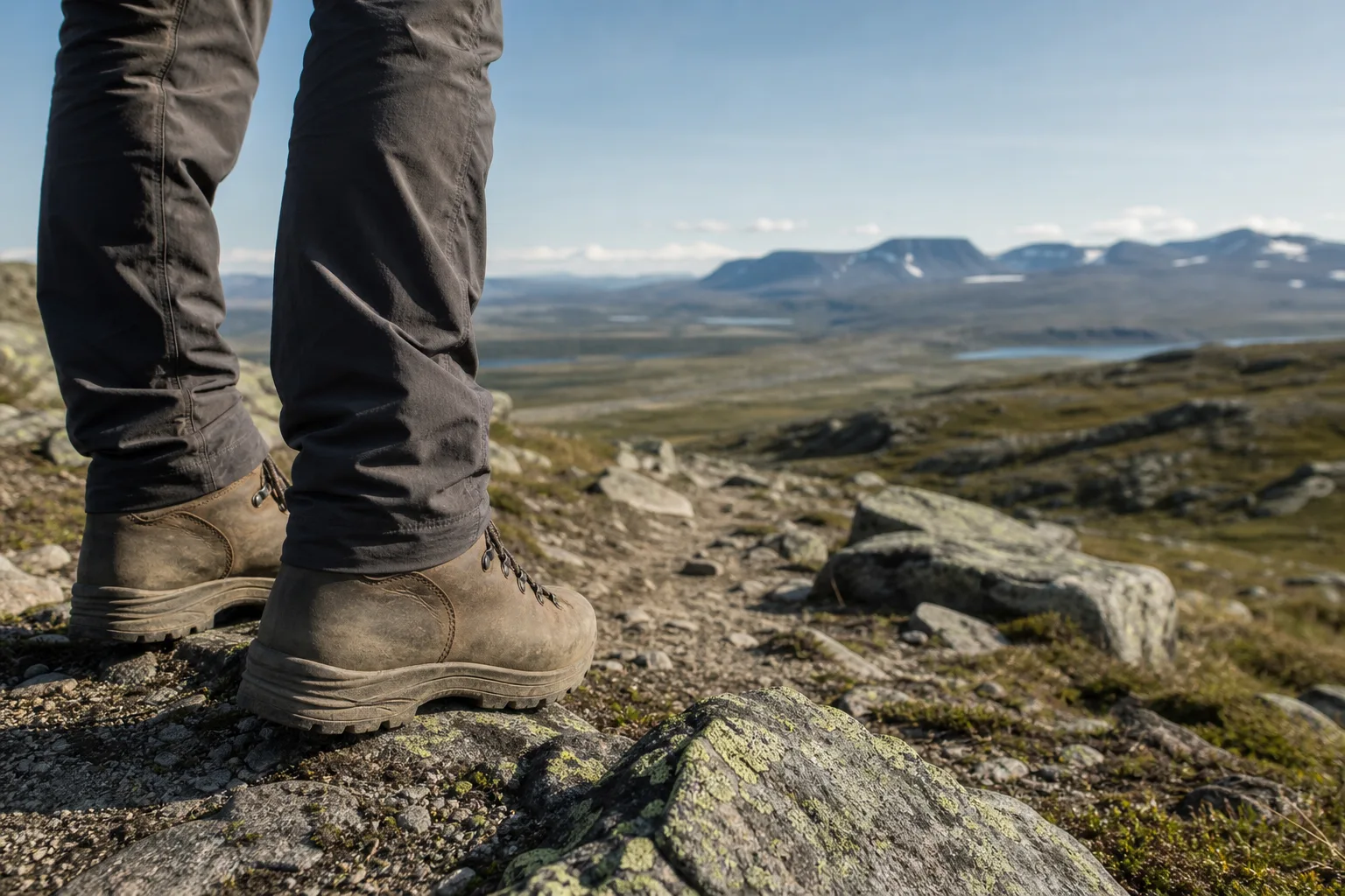 Vandrare med tung ryggsäck i styva fjällkängor på stenig fjällterräng