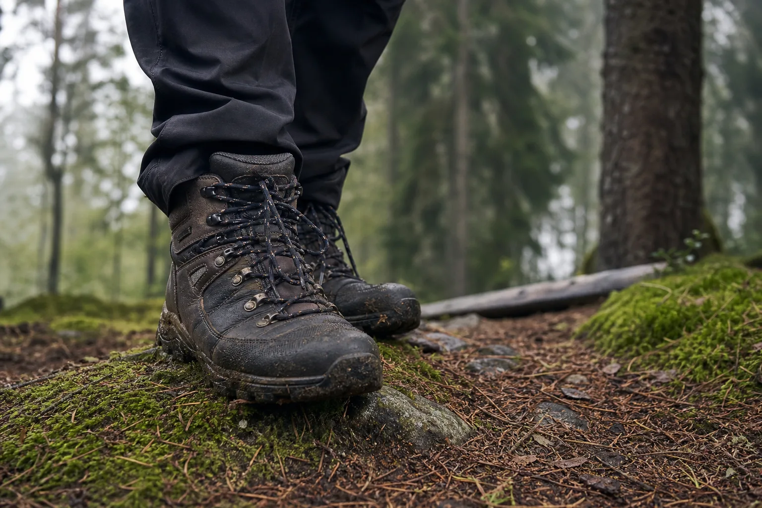 Vandringskängor i läder med Gore-Tex-membran och grovmönstrad sula på stenig stig