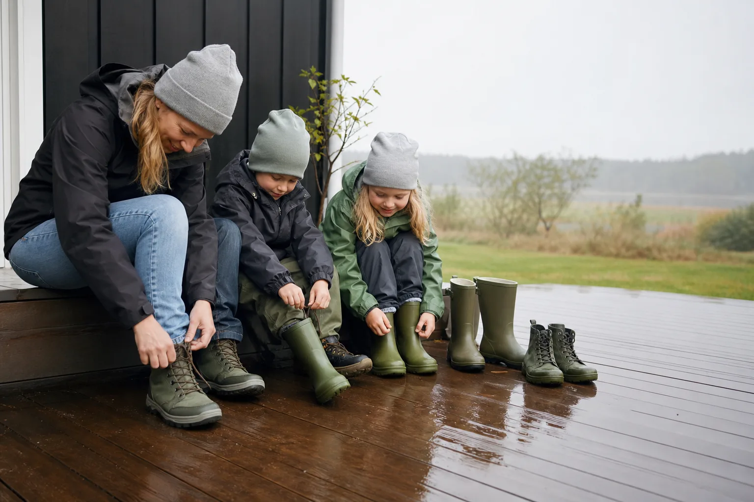 Norska Viking Footwear-gummistövlar och fodrade barnkängor uppställda på en regnvåt veranda